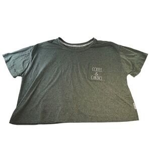 Rae Dunn Coffee & Cardio Graphic T-Shirt Heather Olive Green Boxy Crop Top XL